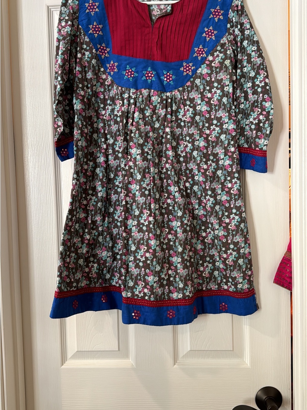 Floral Cotton Tunic / Dress with Blue Trim and Red Yoke
